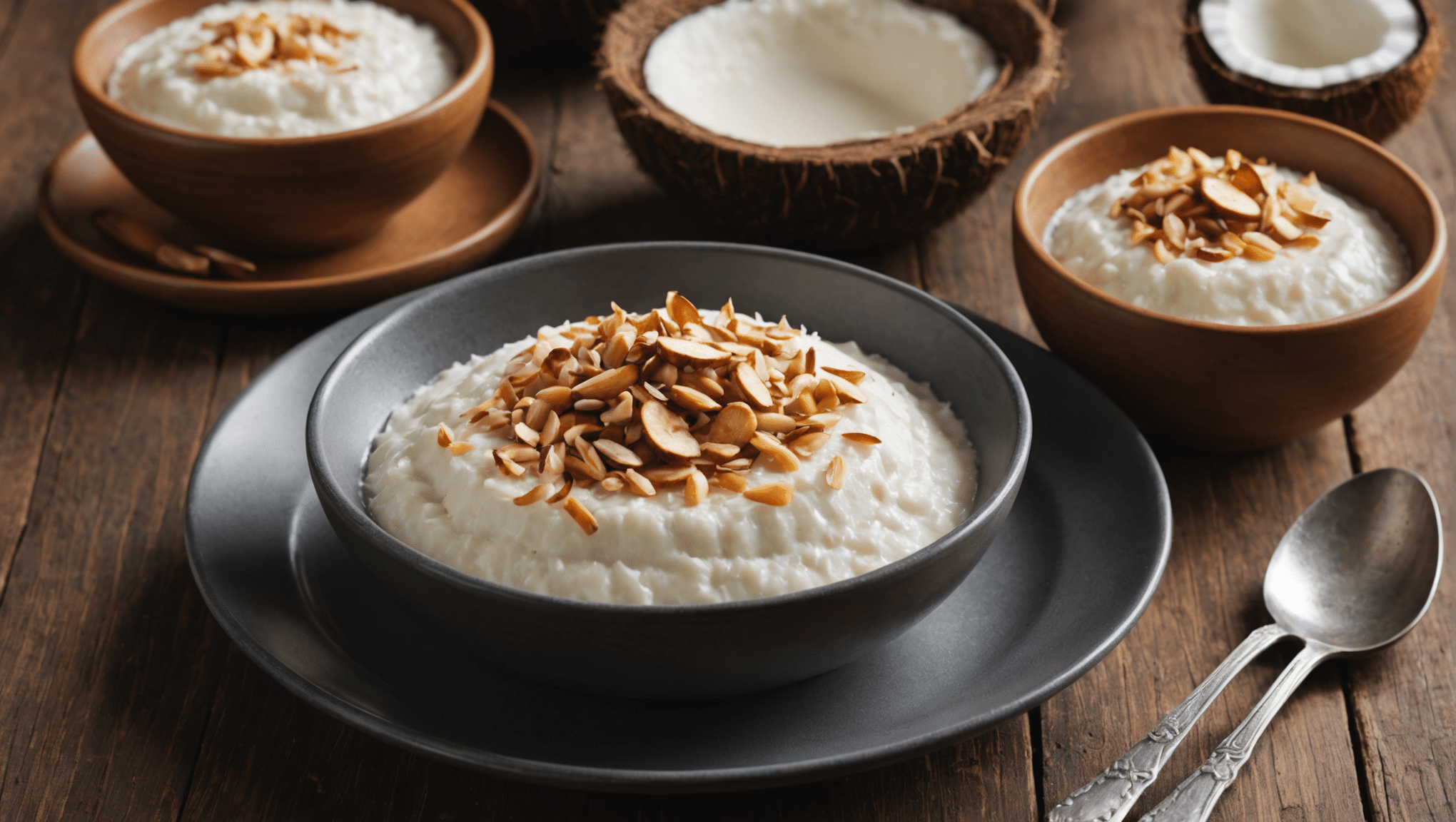 A bowl of Arrowroot and Coconut Pudding garnished with mint leaves and tropical fruits.