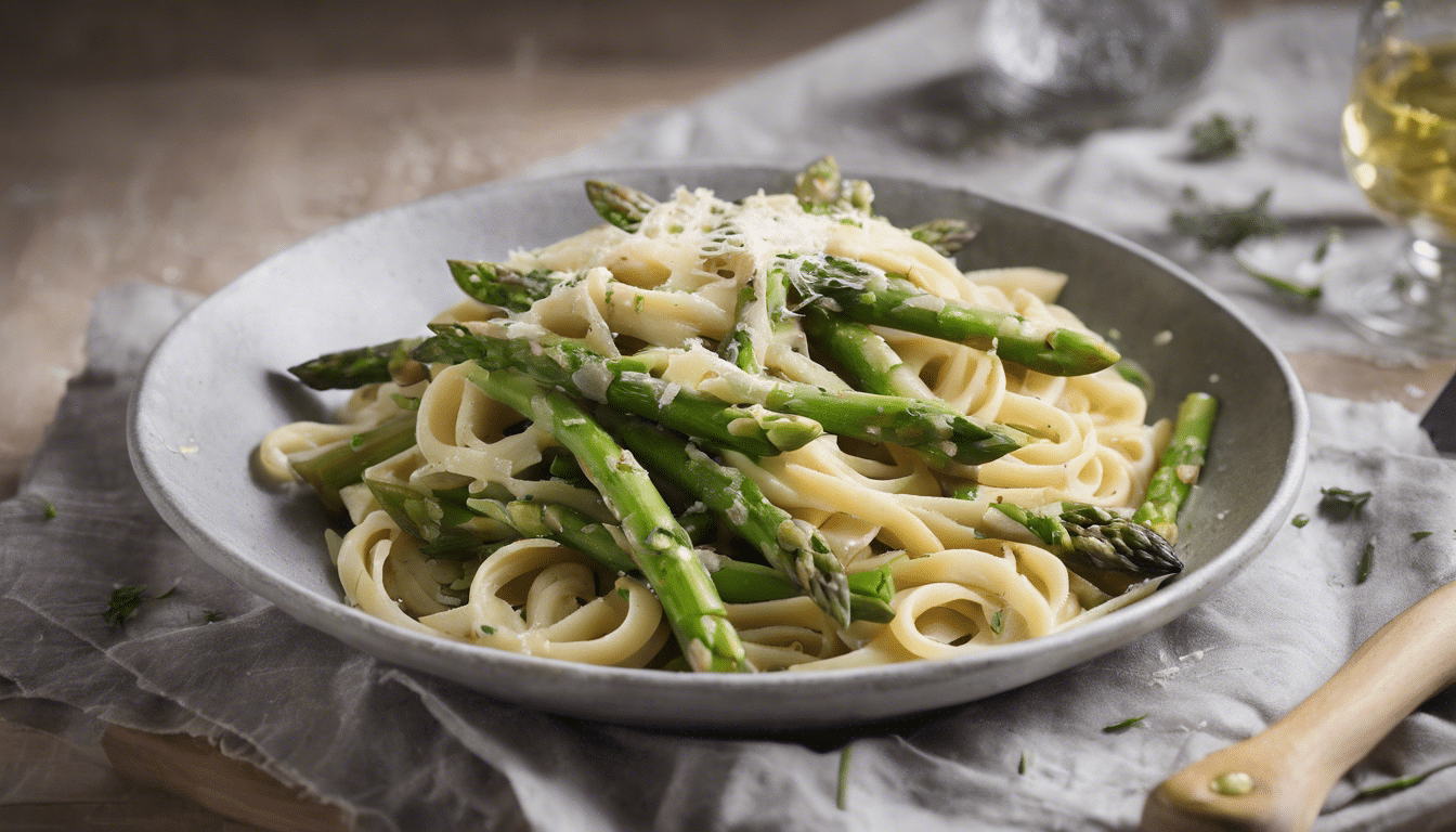 Plate of Asparagus and Parmesan Pasta on a Wooden Table
