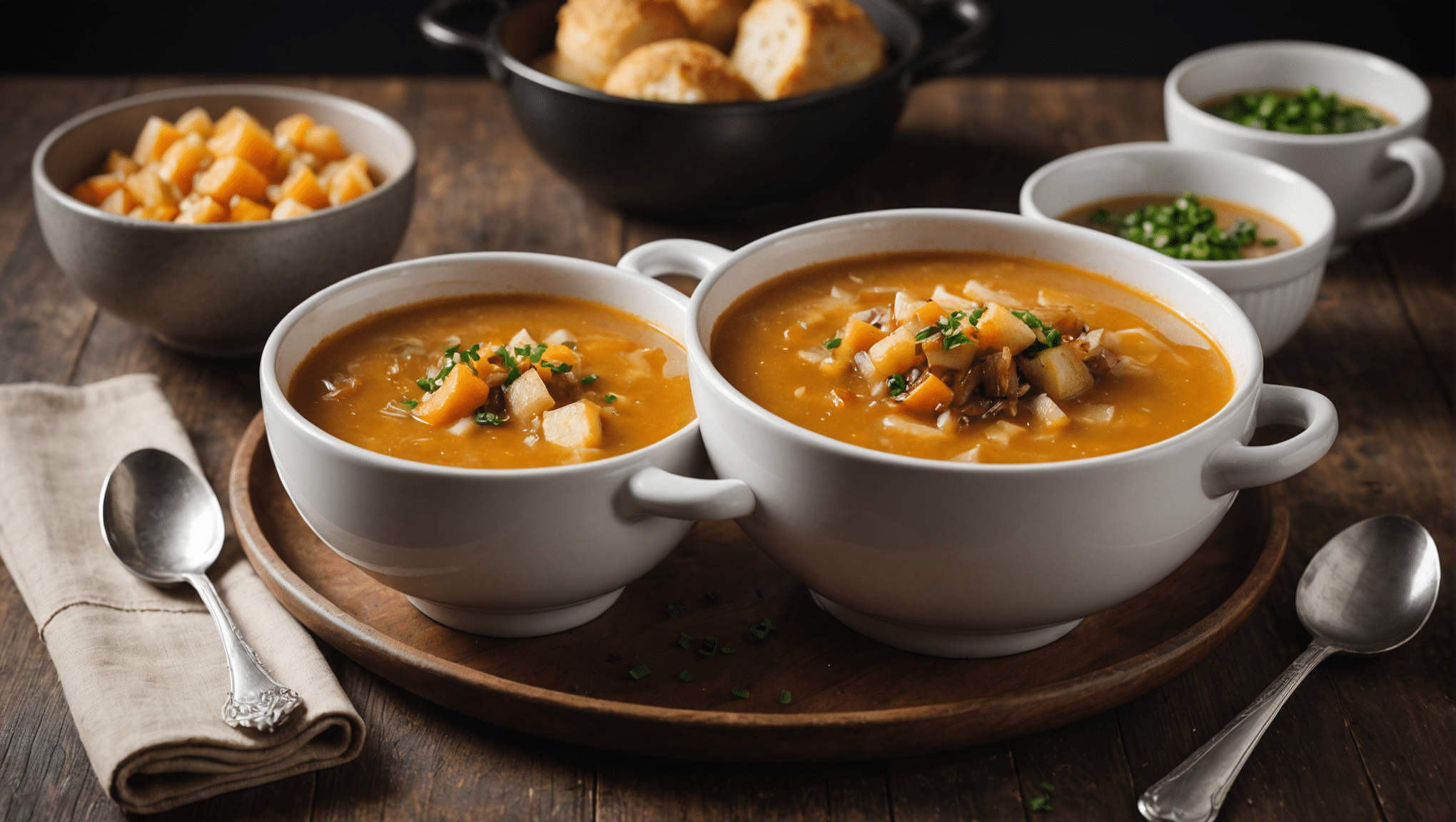 A bowl of Caramelized Onion and Yam Soup garnished with fresh herbs.