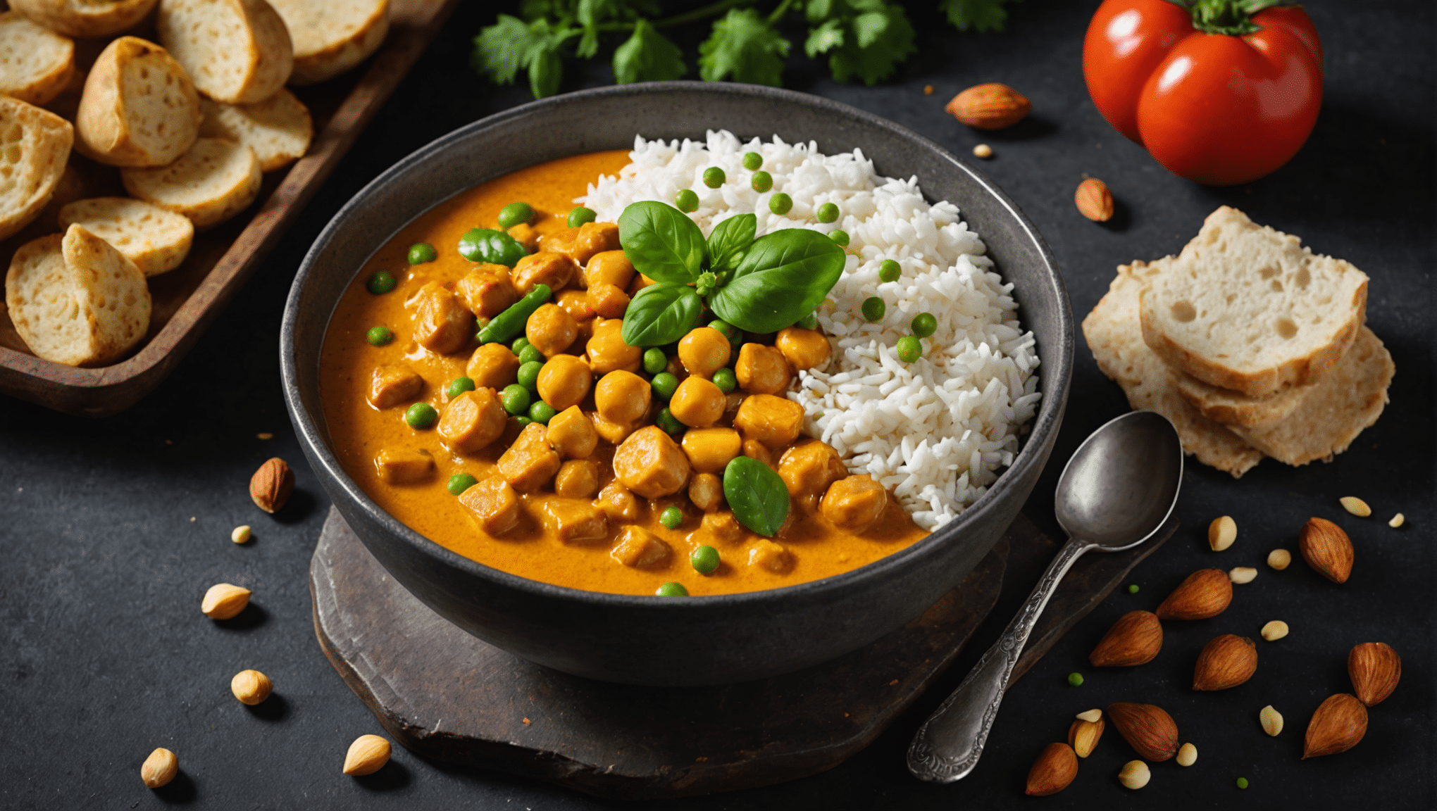 Creamy Coconut Milk Vegetable and Chickpea Curry with Red Curry Paste and Sliced Almonds Garnished with Cilantro Leaves