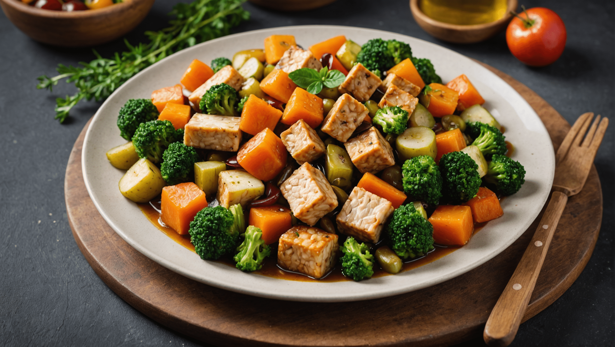 Escabeche de verduras y tempeh con vinagre de manzana y especias mediterráneas