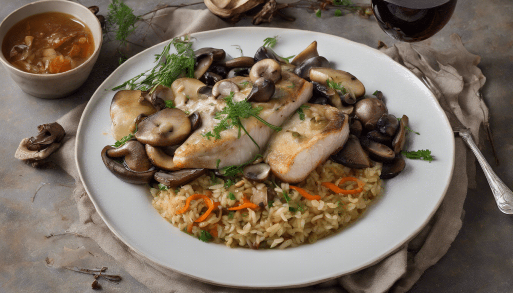 Fish Matelote with Forest Mushrooms and White Wine, Served with Vegetable Pilaf Rice, and Red Wine and Confit Shallot Sauce