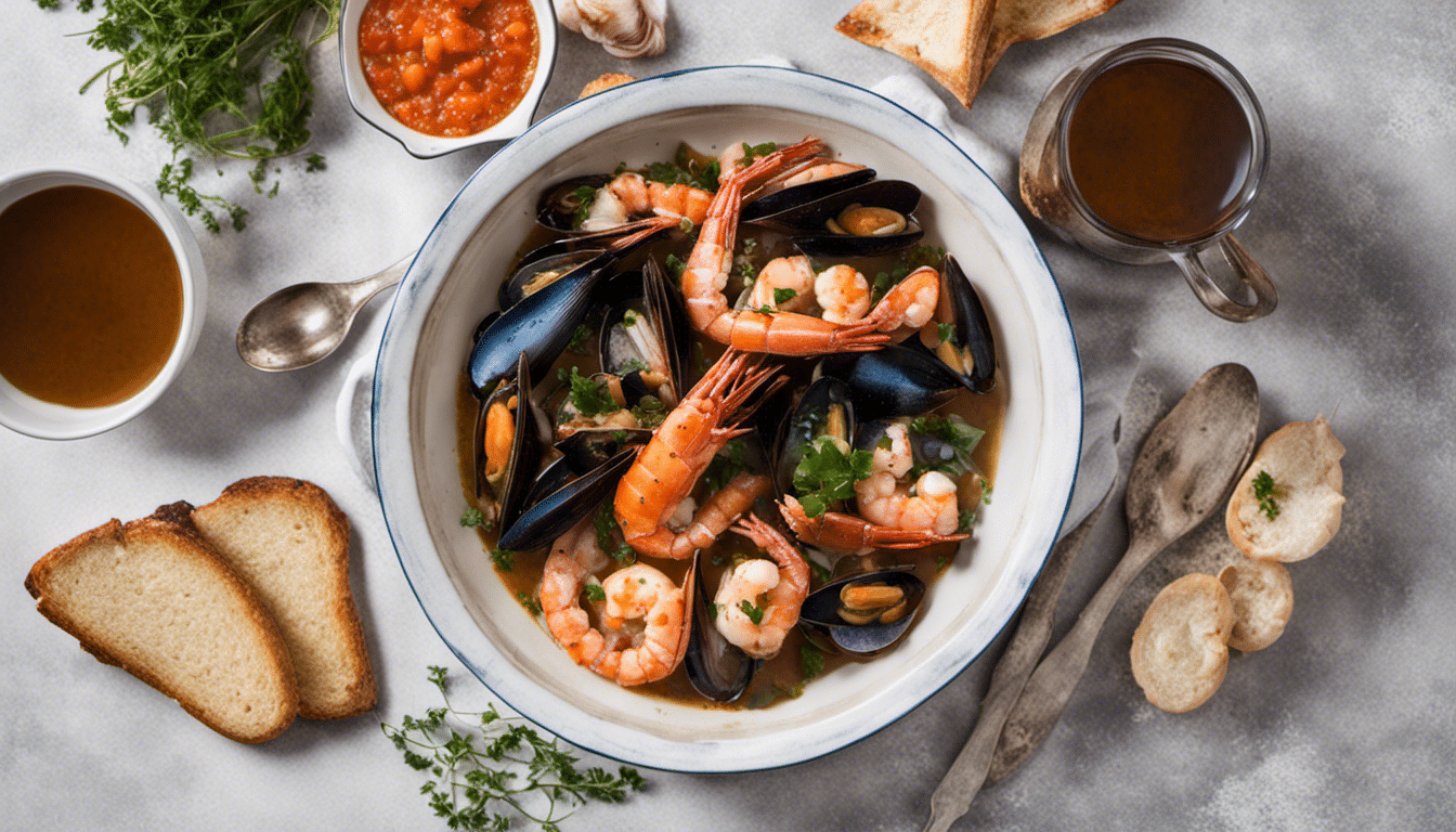 Fisherman’s Marmite with Langoustines, Shrimp, Mussels, and Rockfish, Served with Toast Rubbed in Garlic and Salt