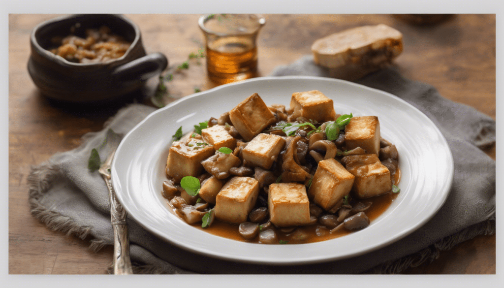 Fried Tofu with Porcini, Garlic Nests and Bean Mushroom Ragout