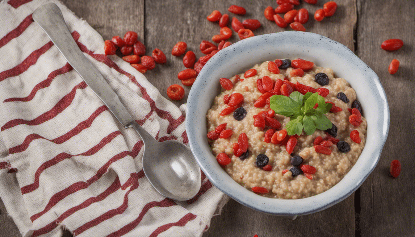 A bowl of Goji Berry and Quinoa Porridge garnished with fresh berries and nuts