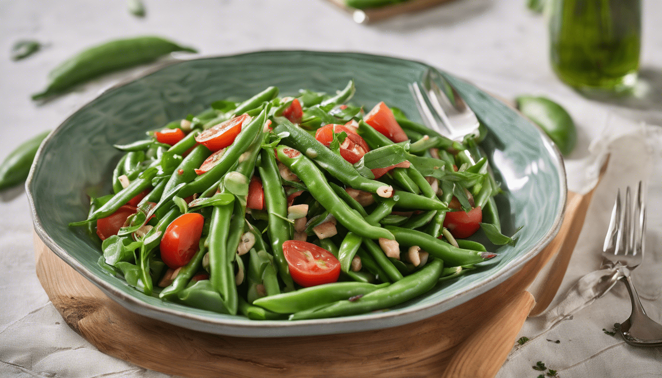 A plate of fresh and vibrant Green Bean Salad with Tomato and Basil Vinaigrette