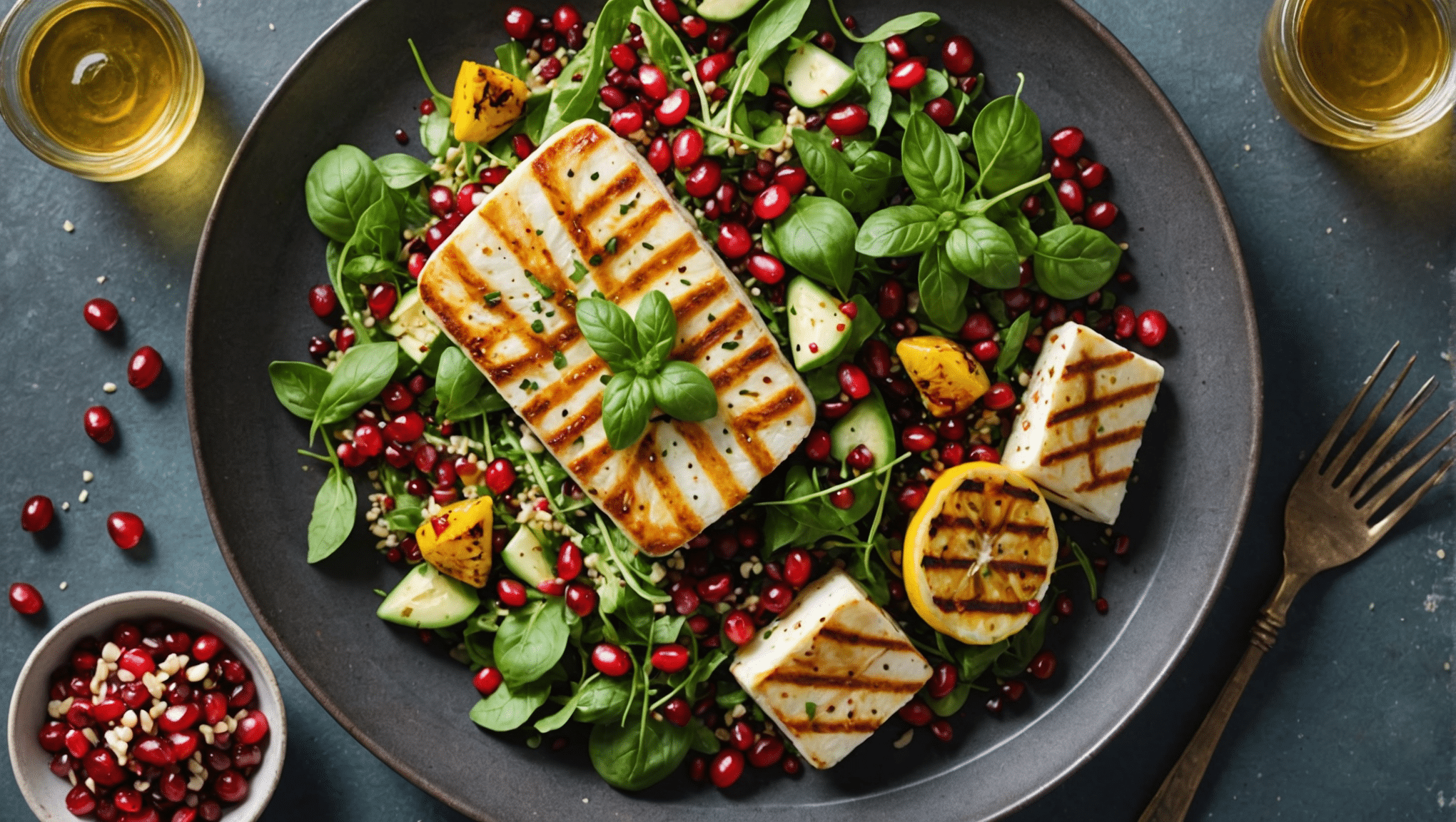 Grilled Halloumi and Vegetable Salad with Quinoa, Mint, Lemon-Honey Dressing, and Pomegranate Seeds