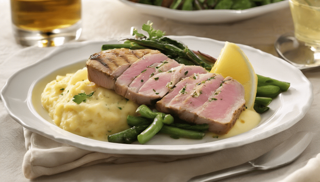 Grilled Tuna with Southern Vegetables, Creamy Parmesan Polenta, and Lemon Butter Sauce