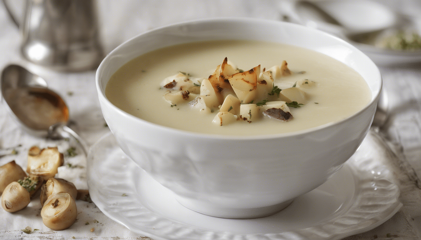 A bowl of creamy Jerusalem artichoke soup garnished with fresh parsley.