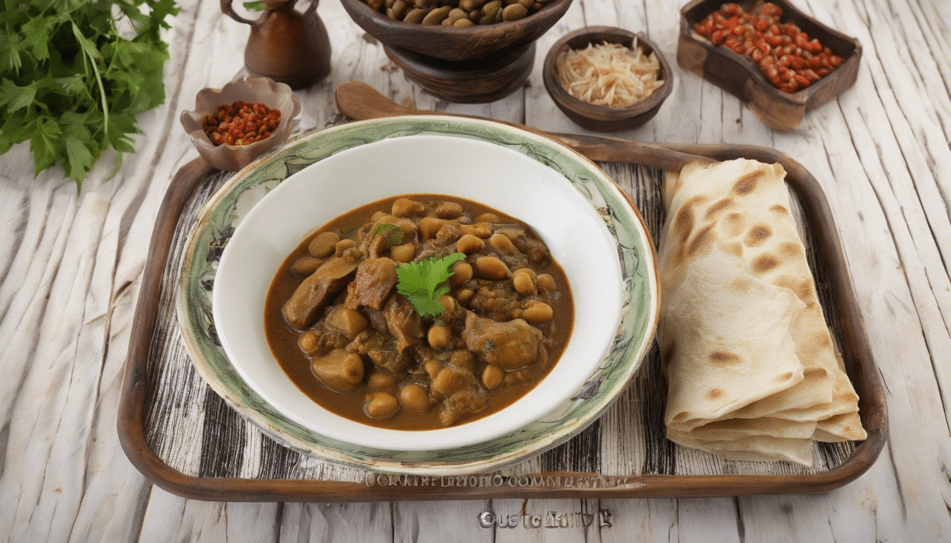 A plate with locust beans and lamb curry served with rice