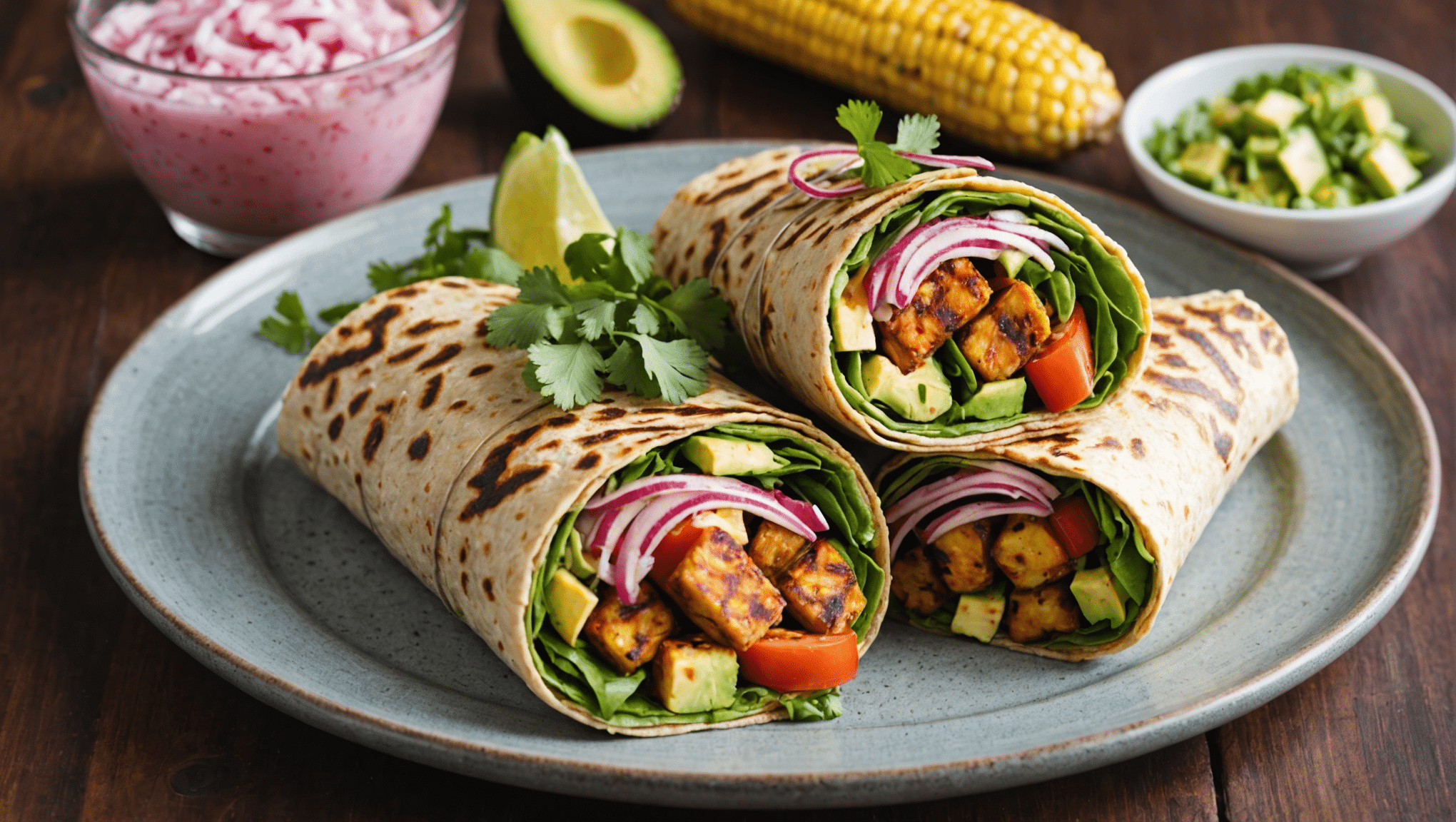 Maple-glazed Tempeh Wraps with Avocado Cream, Cilantro Lime Slaw, Grilled Corn, and Pickled Red Onions