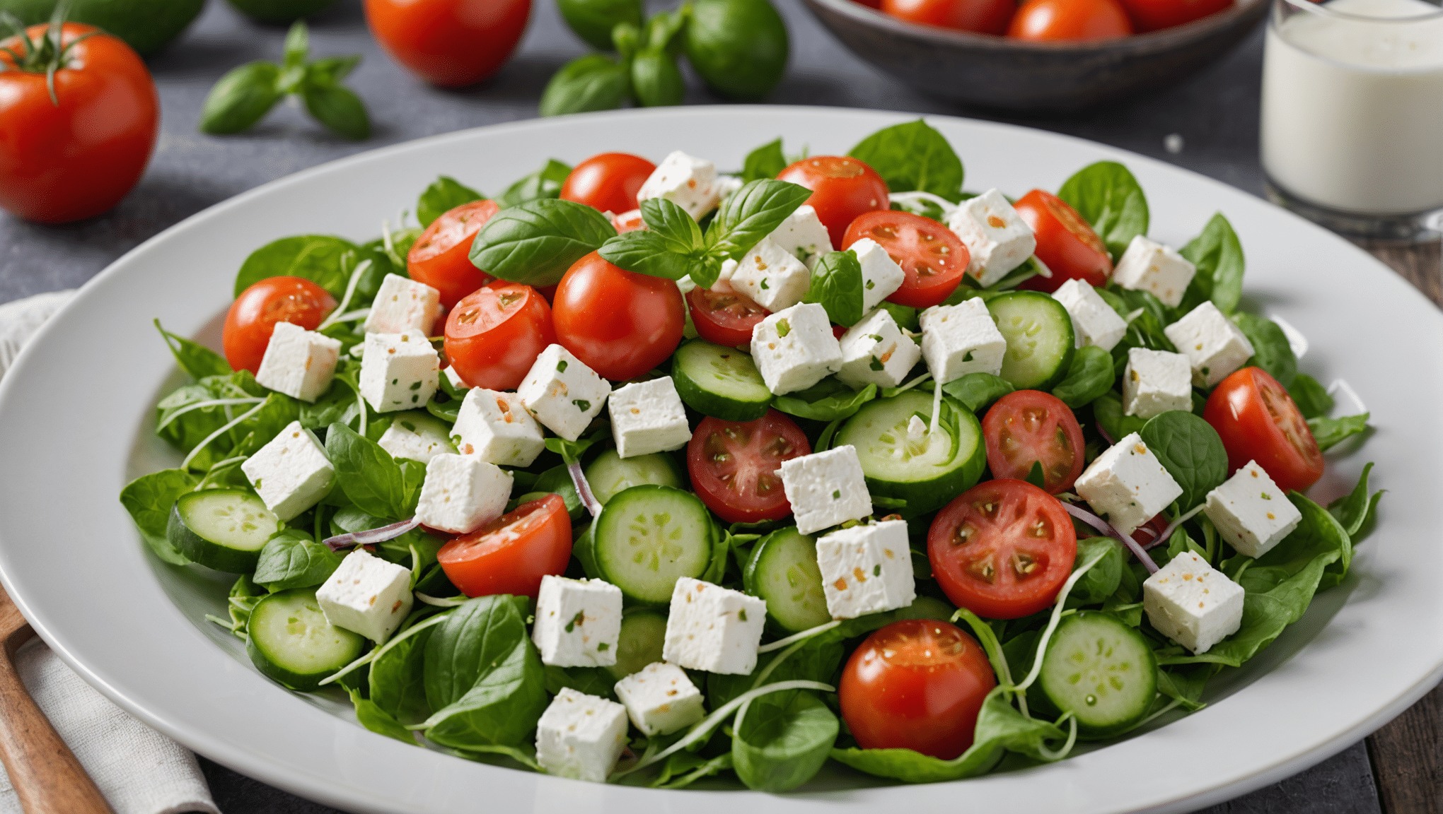 Mediterranean Musk Mallow Salad: A healthy and fresh salad with Musk Mallow, cucumbers, tomatoes, and feta cheese