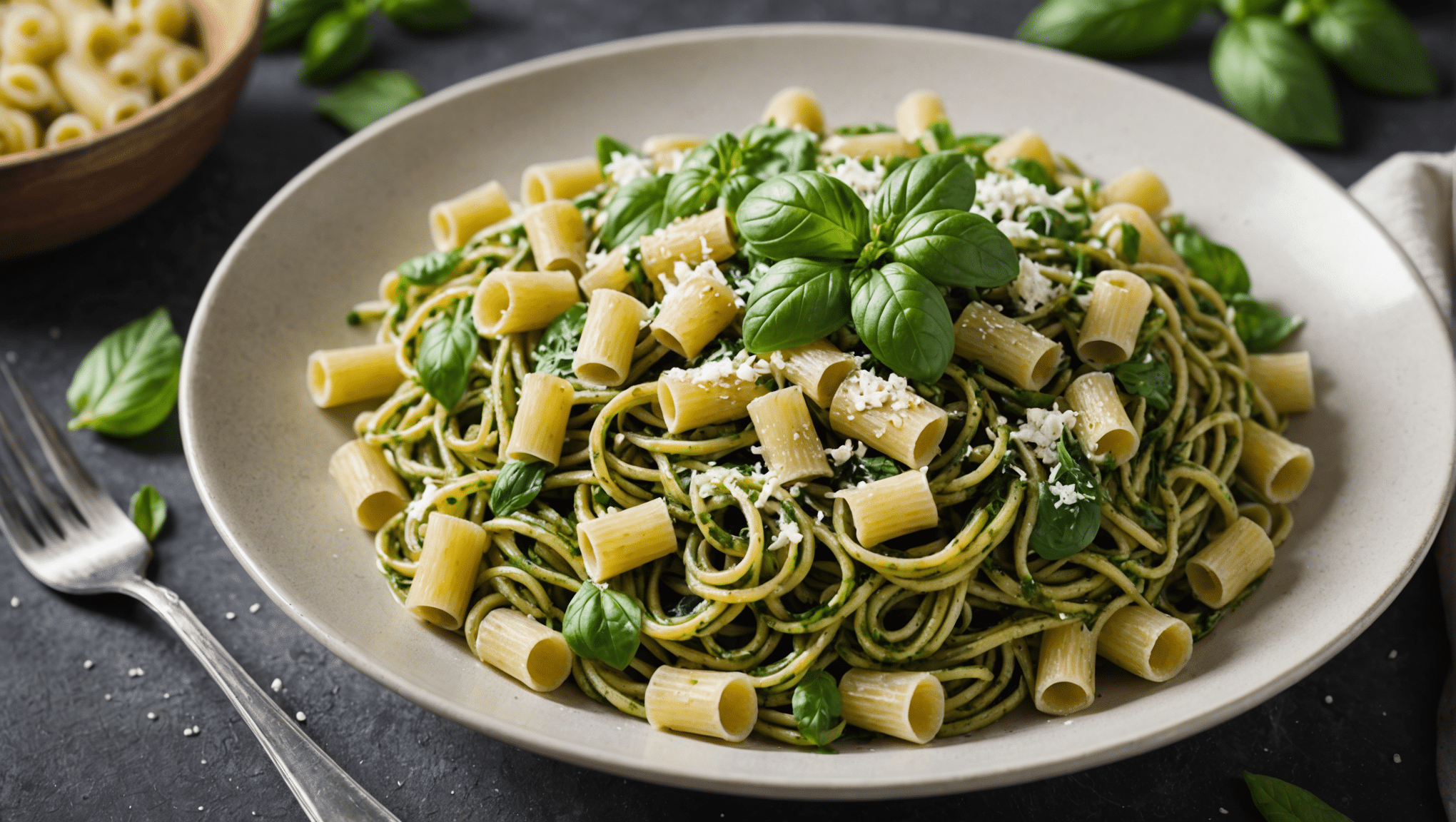 Musk Mallow Pesto Pasta: Classic pasta dish with a twist, using a pesto made with Musk Mallow leaves and traditional pesto ingredients