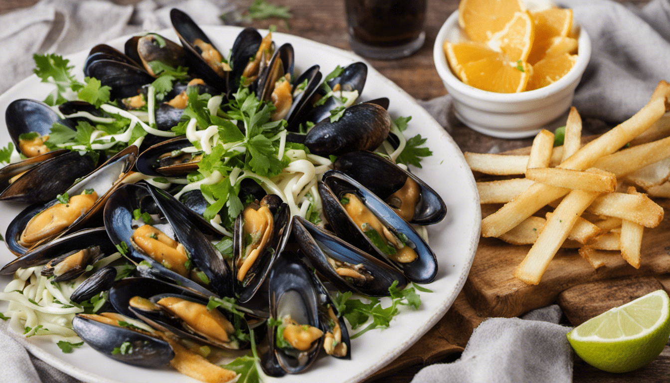 Mussels in White Wine and Chive Cream with Homemade Fries and Citrus Green Salad