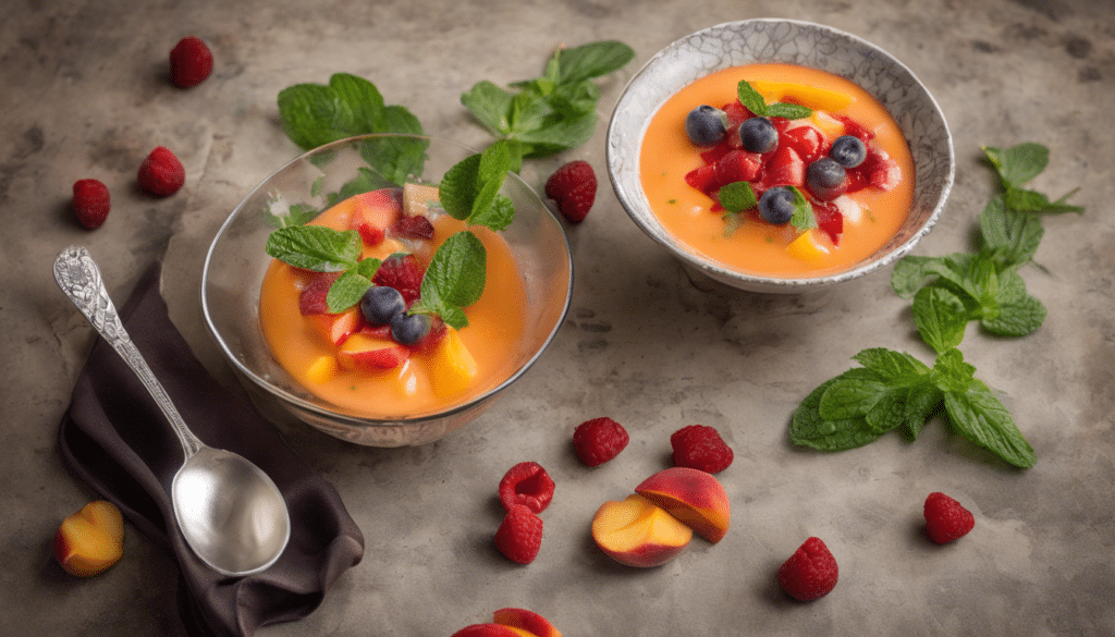Peach Gazpacho with Red Fruits and Mint