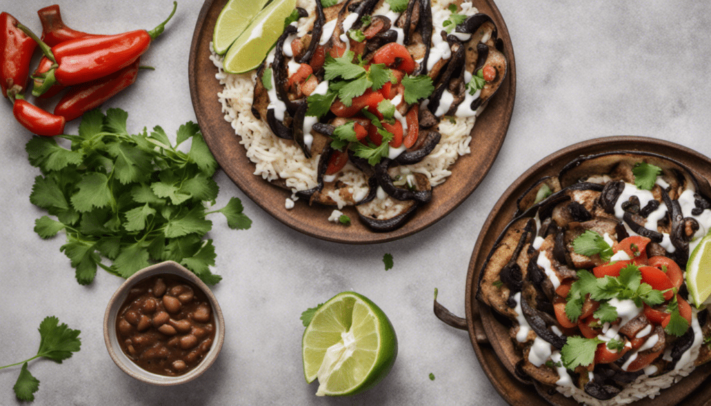 Portobello Mushroom Fajitas with Cilantro Lime Rice, Black Bean Salsa, and Honey Lime Crema