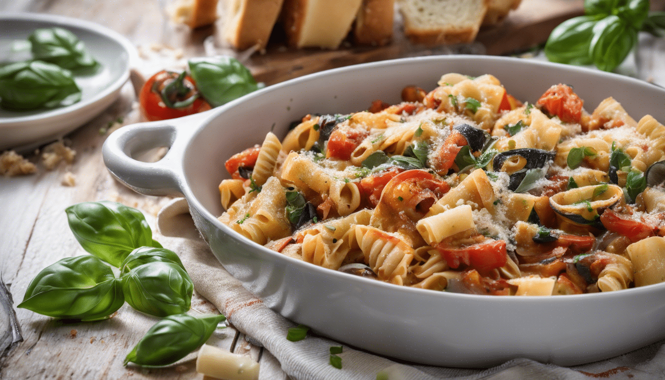 Ratatouille Pasta with Fresh Basil, Parmesan Cheese and Garlic Bread