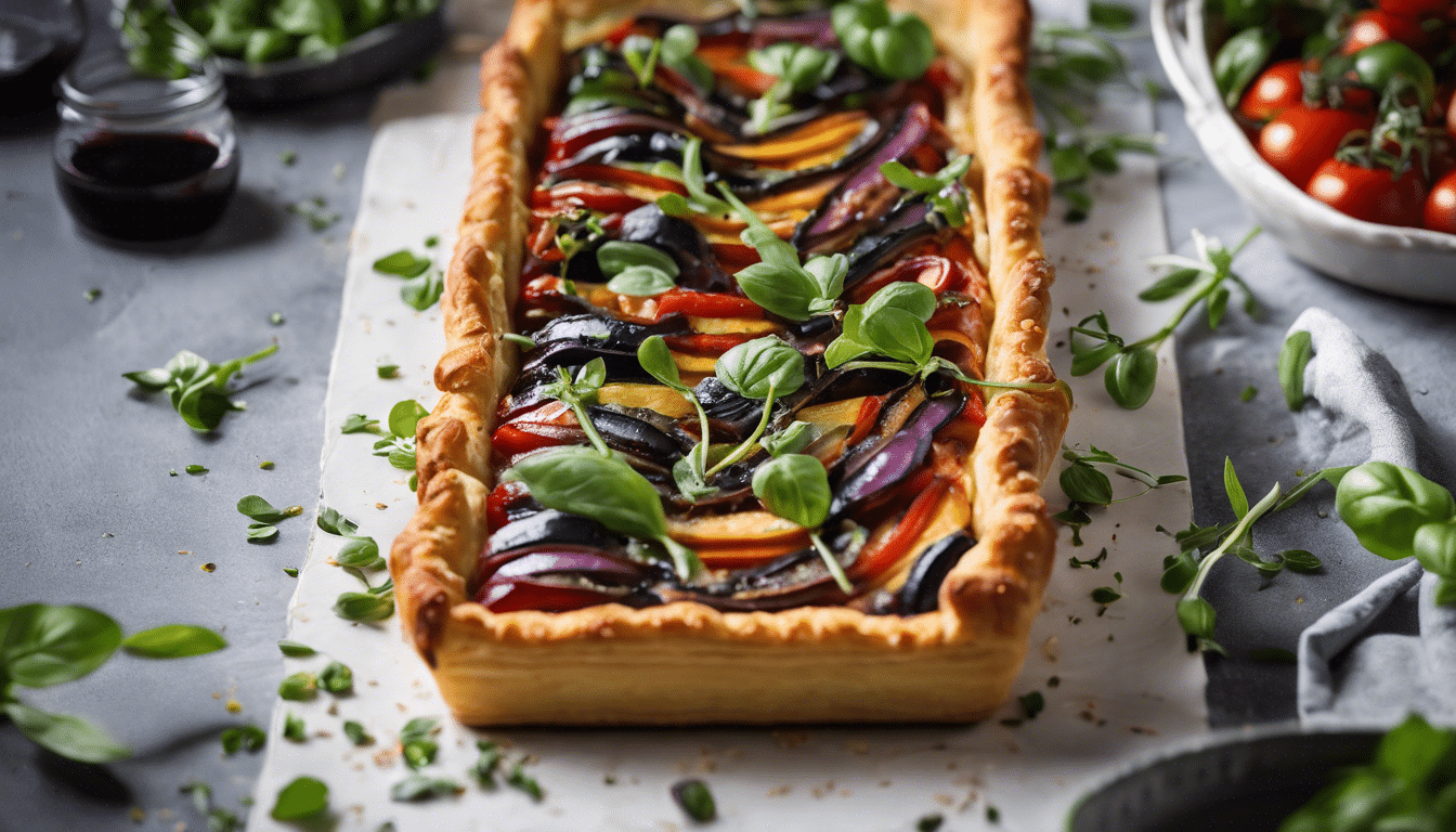 Ratatouille Tart with Puff Pastry Crust, Basil, Balsamic Glaze, and Microgreens