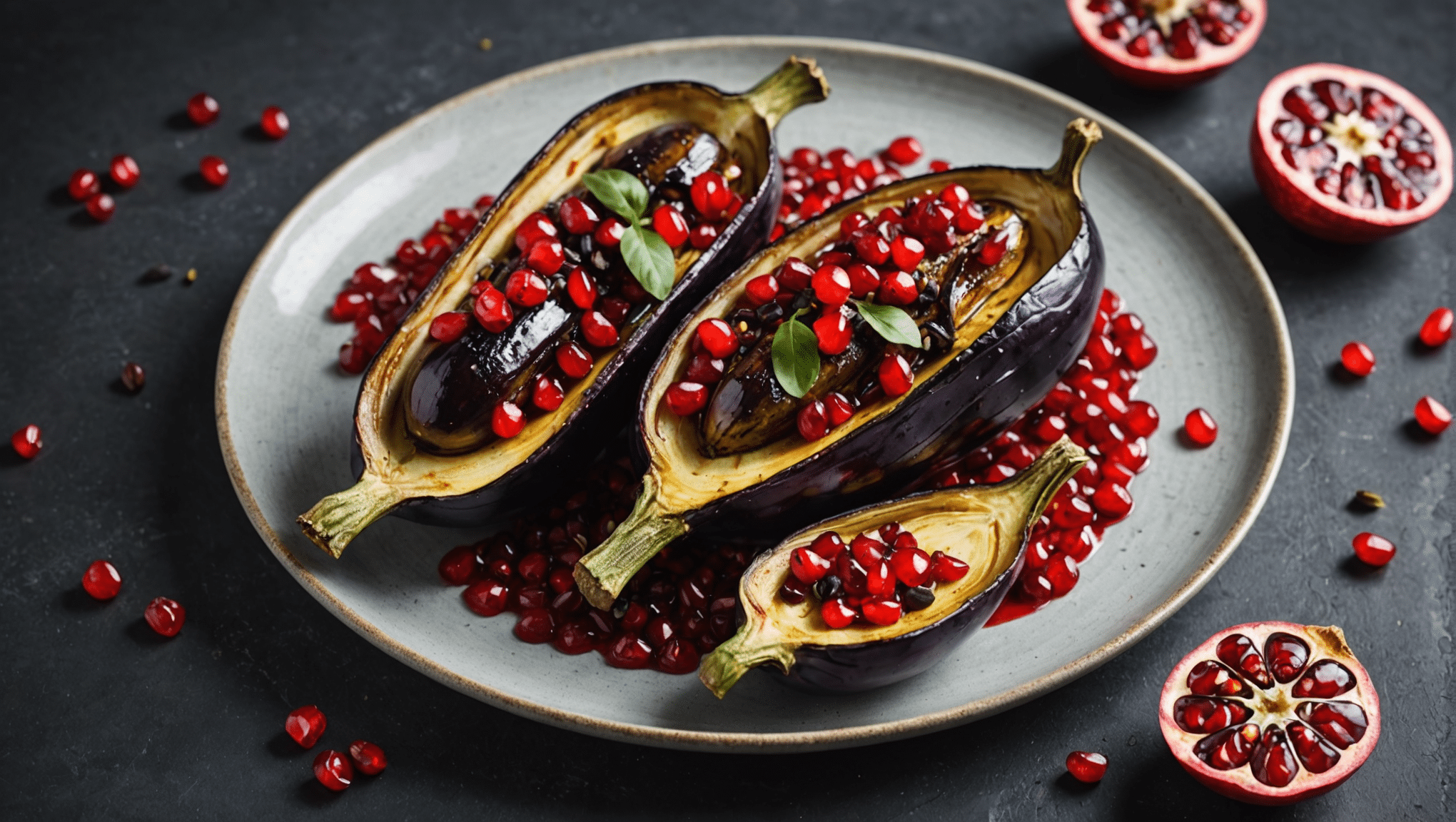 Roasted Eggplant with Black Cardamom and Pomegranate