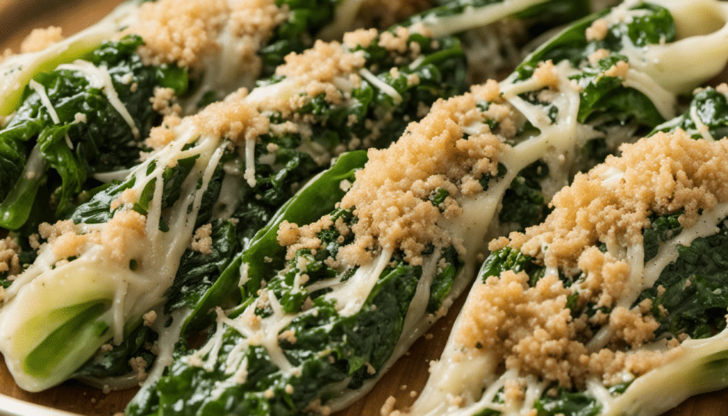 Roasted Tatsoi with Parmesan and Breadcrumbs