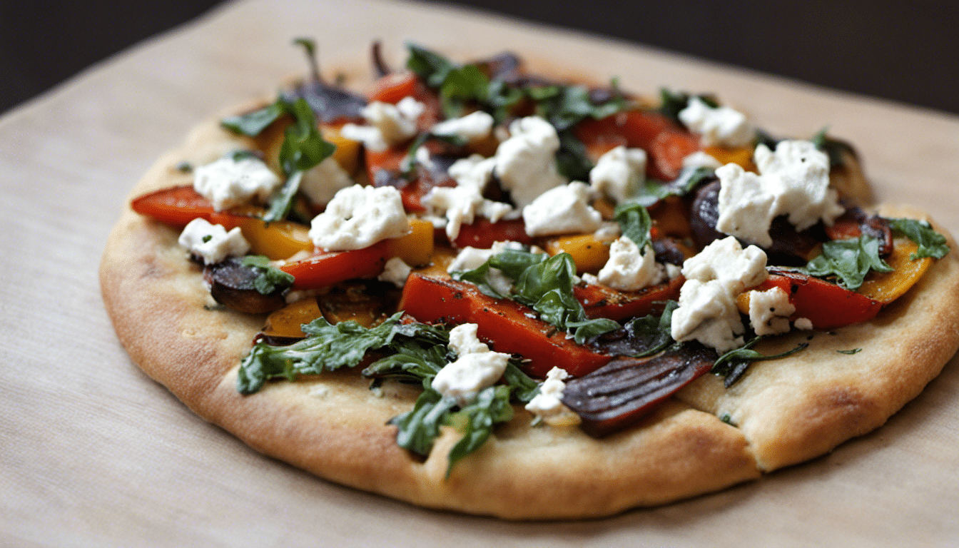 A tasty roasted vegetable flatbread with goat cheese.