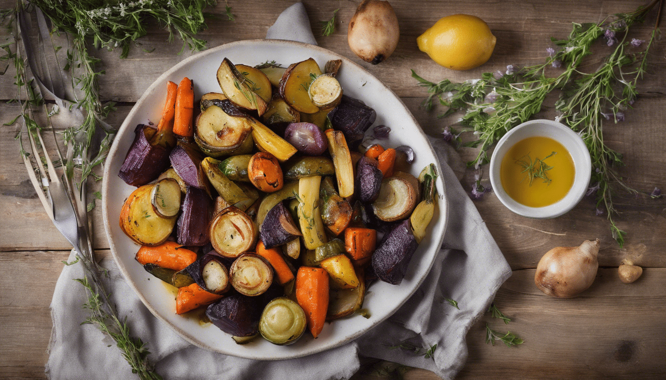 Roasted vegetables coated in a shiny lemon-thyme glaze.