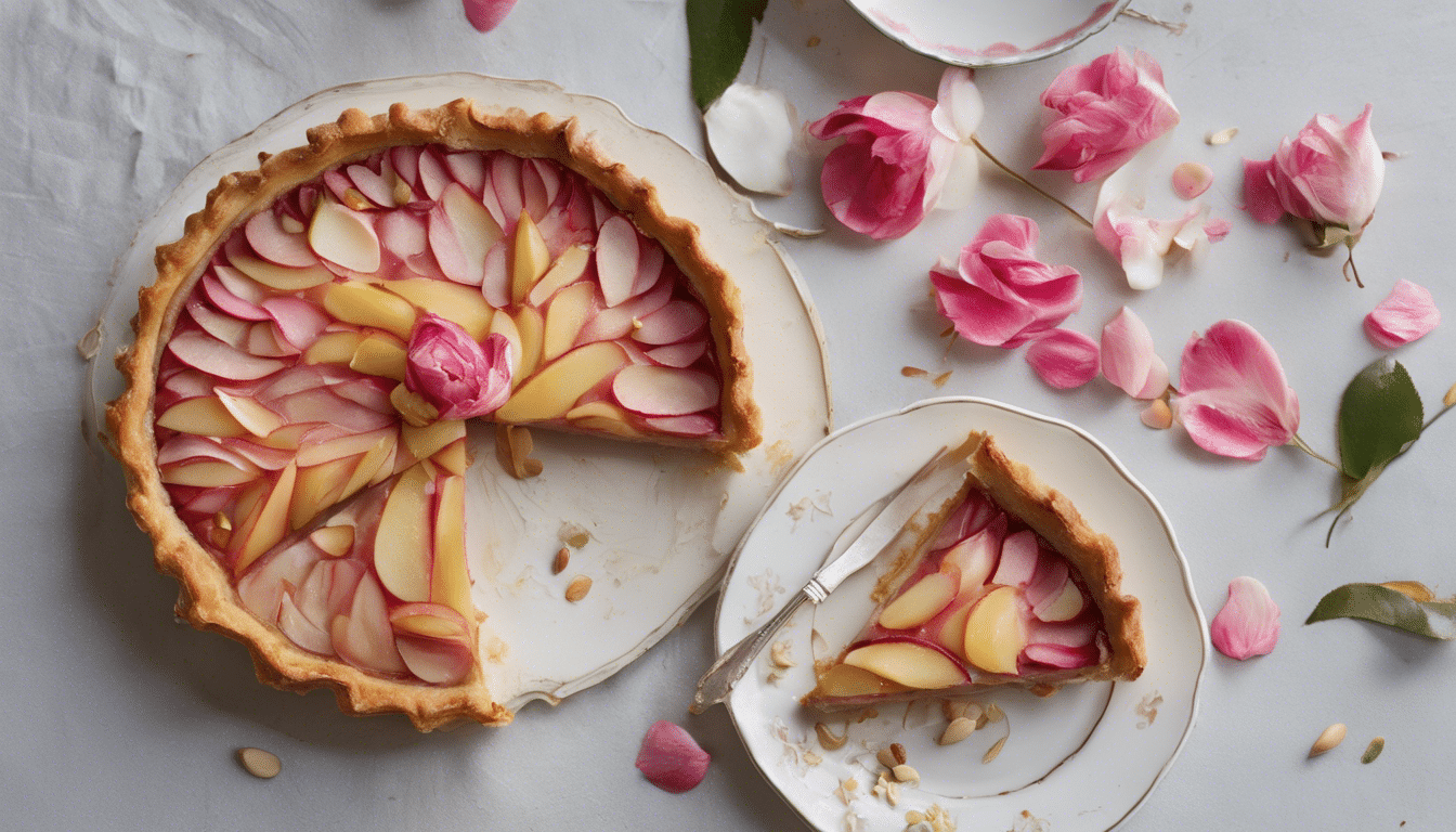 A deliciously baked Rose Apple and Almond Tart, golden and inviting.