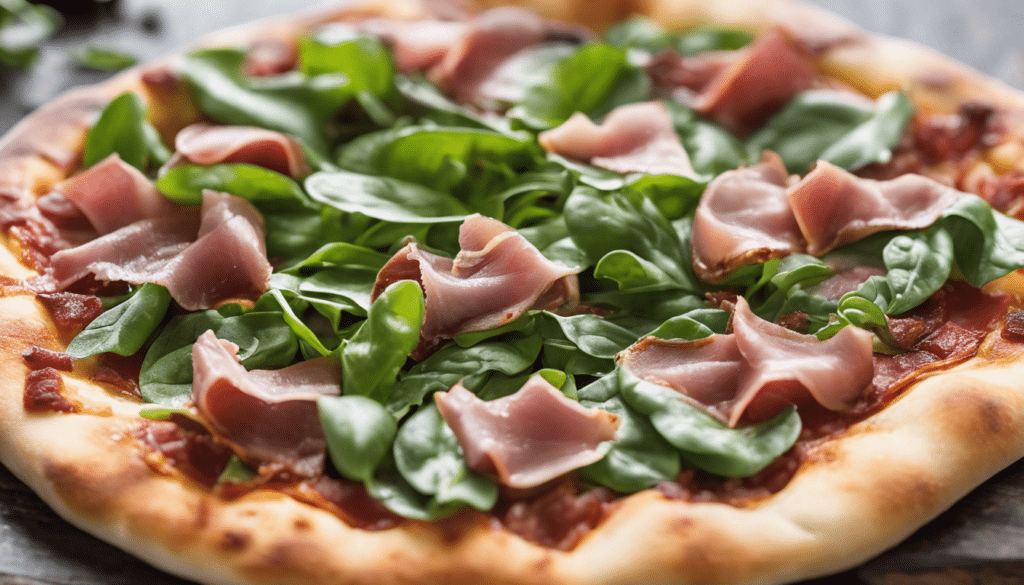 Rustic pizza with lamb's lettuce and prosciutto