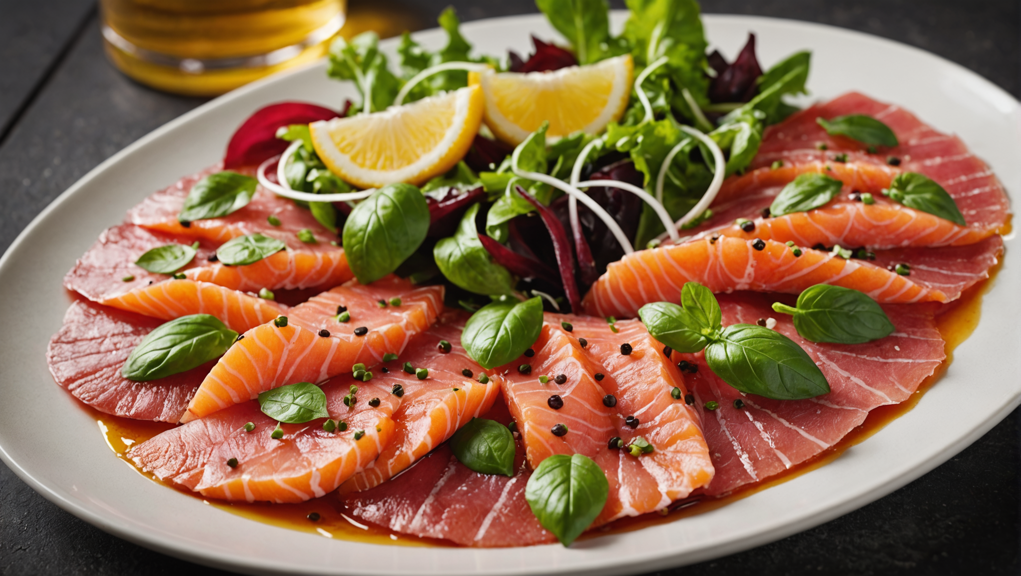 Saumon en carpaccio de tranches de betterave rouge accompagné de jeunes pousses de salade aux agrumes et vinaigrette au miel et moutarde à l'ancienne