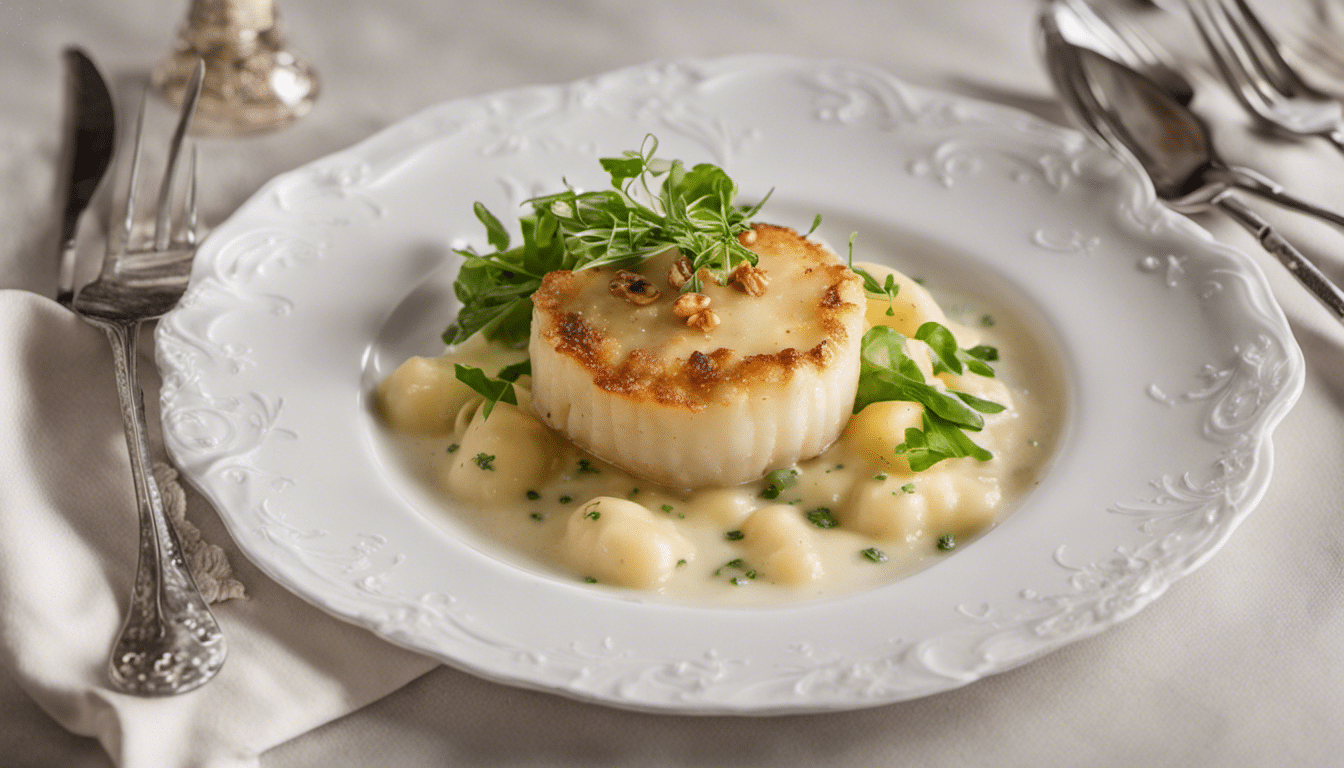 Scallop Gratin in Béchamel Sauce with Dauphine Potatoes and Walnut Green Salad