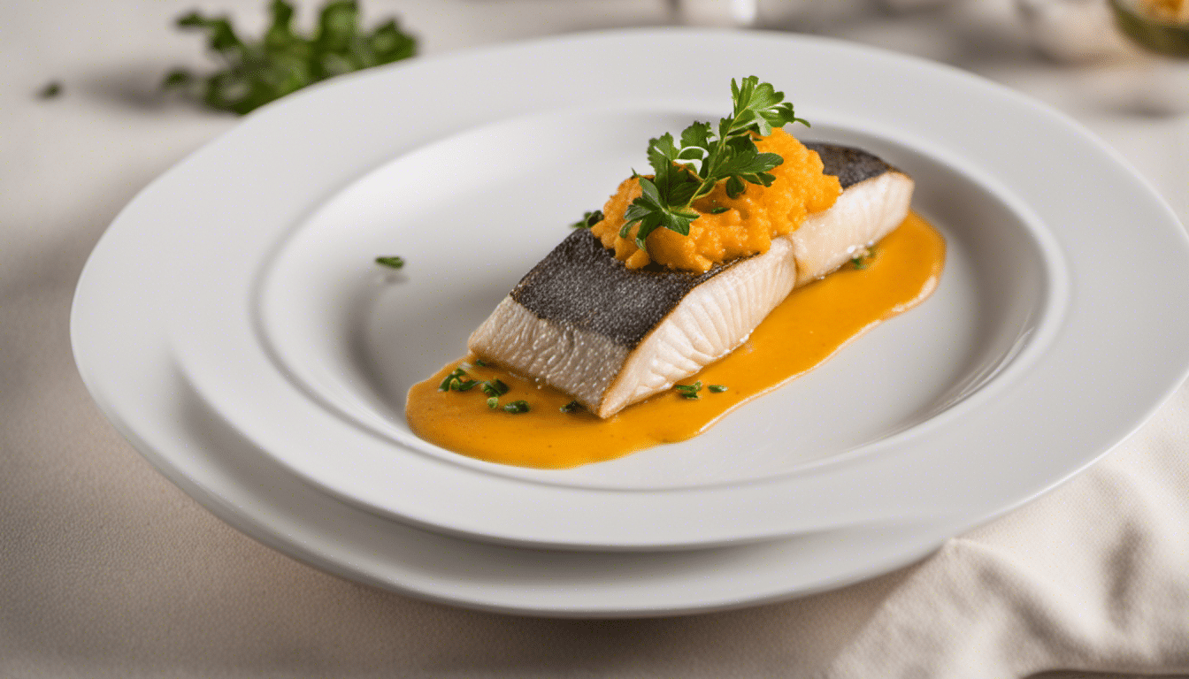Seabass Fillet in Citrus Parchment with Sweet Potato Puree and White Butter Sauce