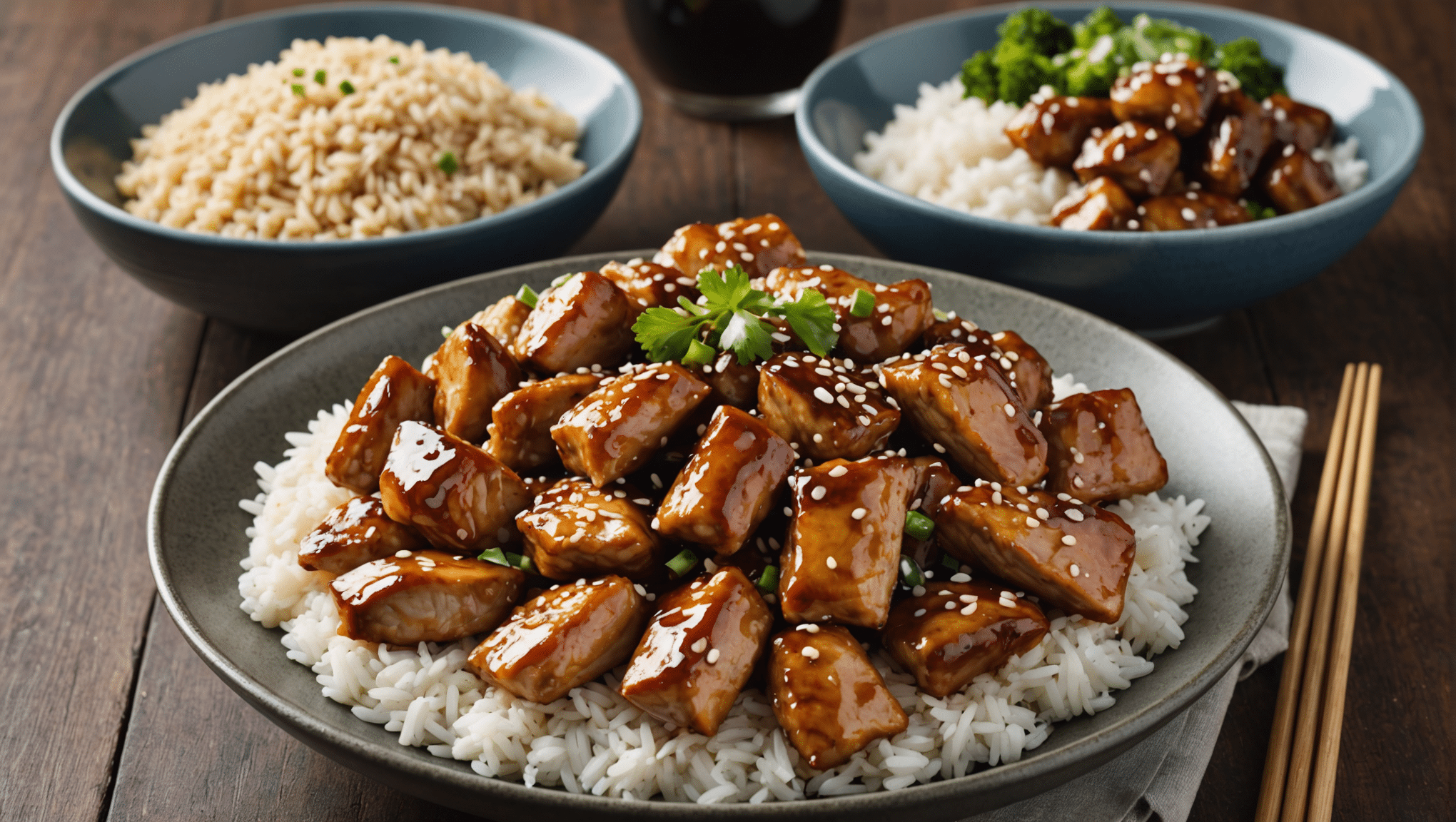 Delicious Sesame Seed Teriyaki Chicken served over white rice, garnished with freshly sliced green onions