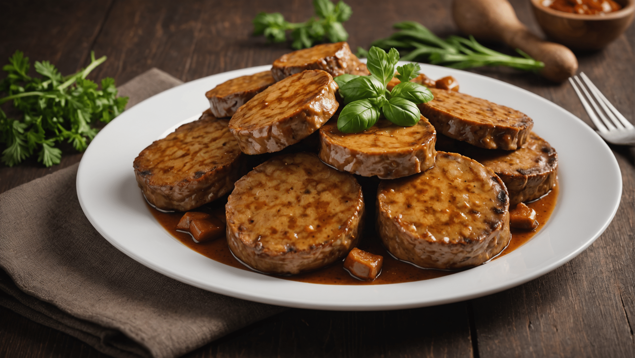 Smažený seitan s hříbky, křupavou bramborovou šiškou a fazolkovým ragú