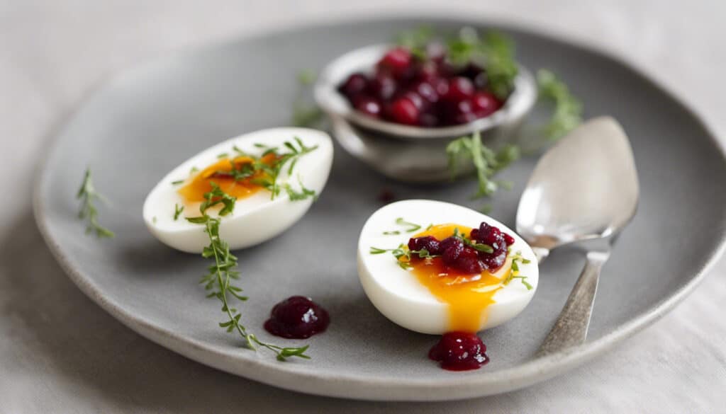 Soft-Boiled Eggs with Pickled Herring and Lingonberry Jam