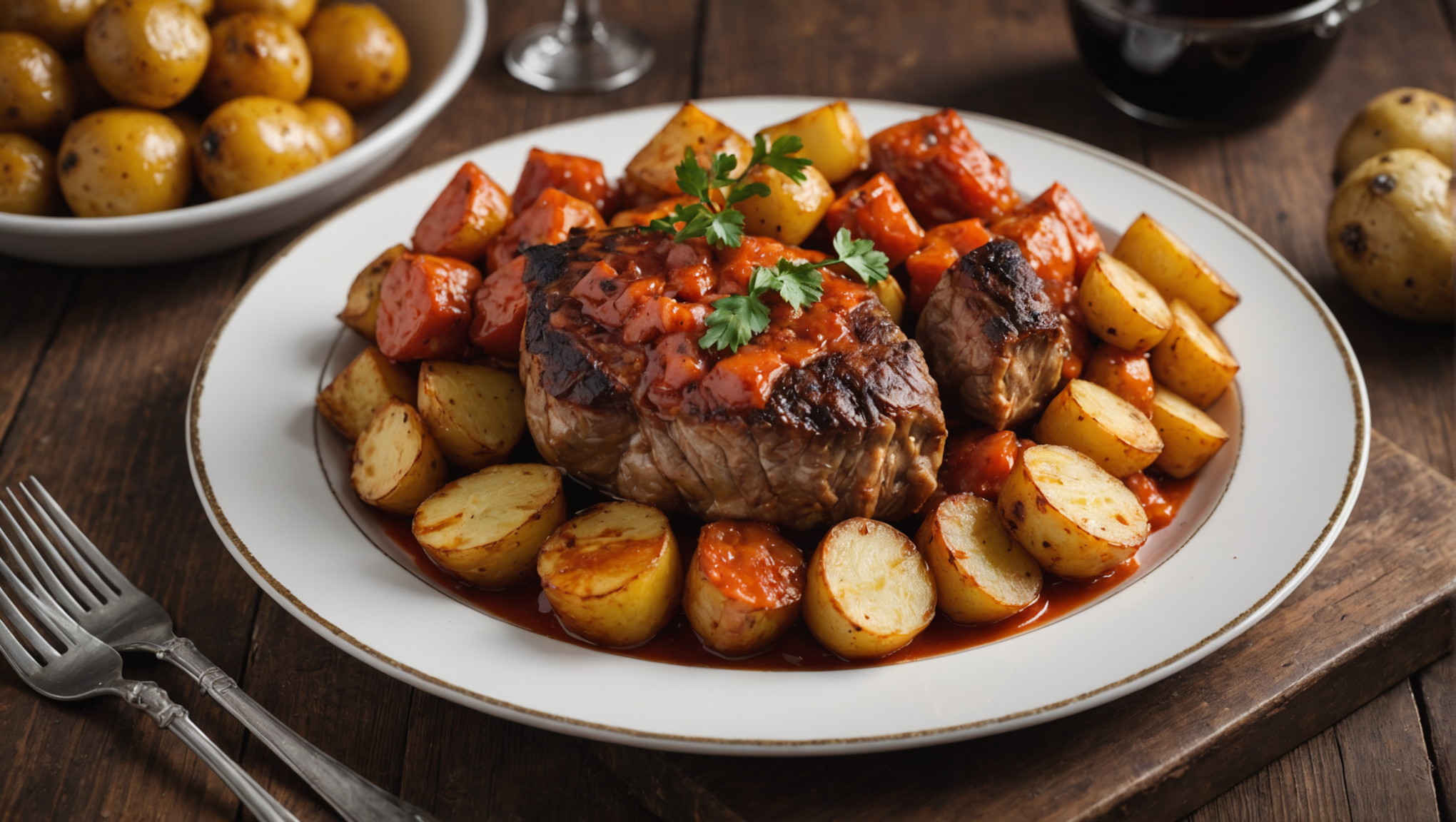 Solomillo de cerdo a la brasa con patatas bravas