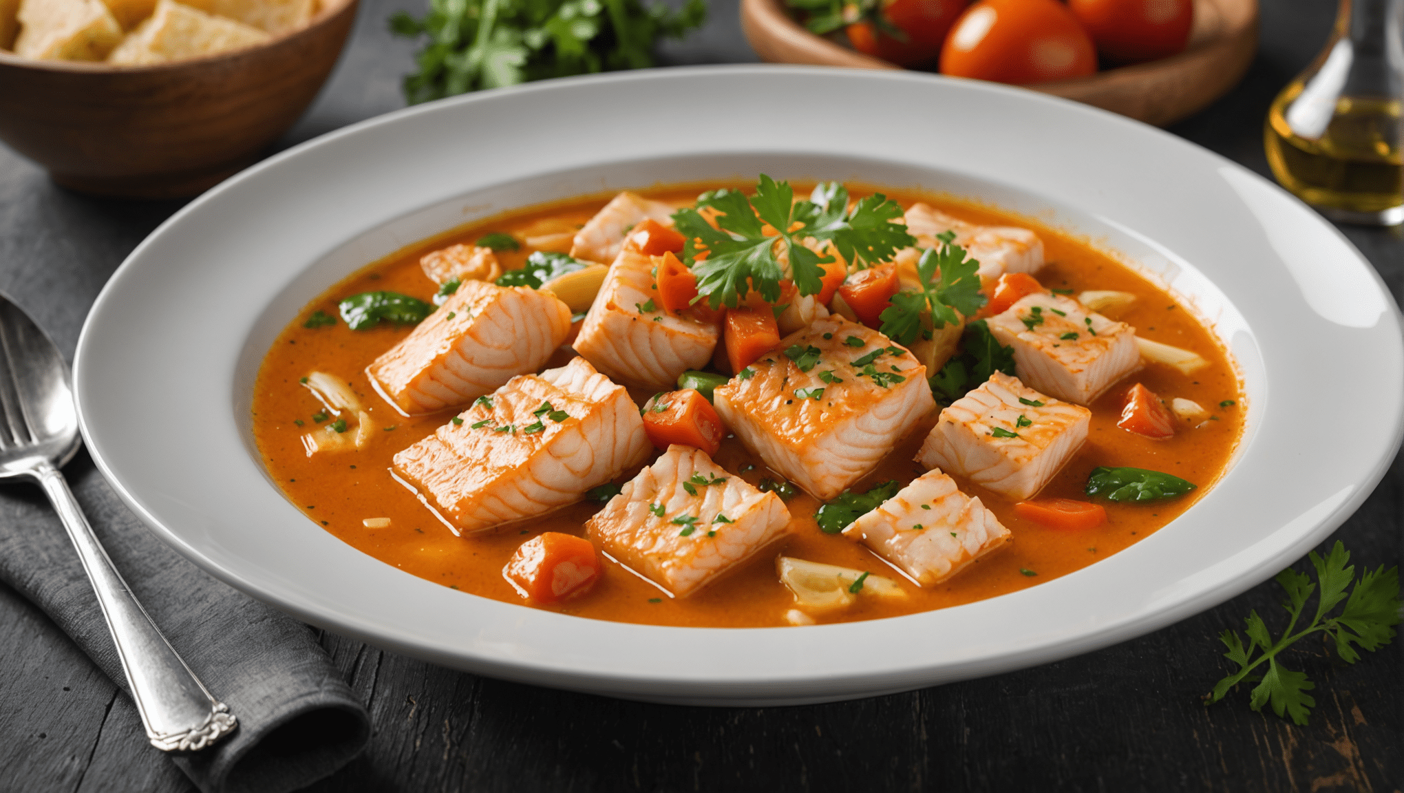 A warm bowl of Sopa de pescado with seafood and herbs