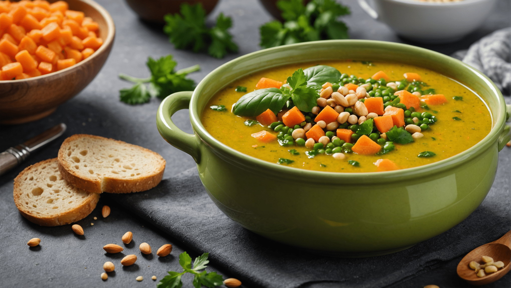 Soupe de lentilles vertes aux carottes au cumin et à la coriandre fraîche agrémentée de crème d'amandes