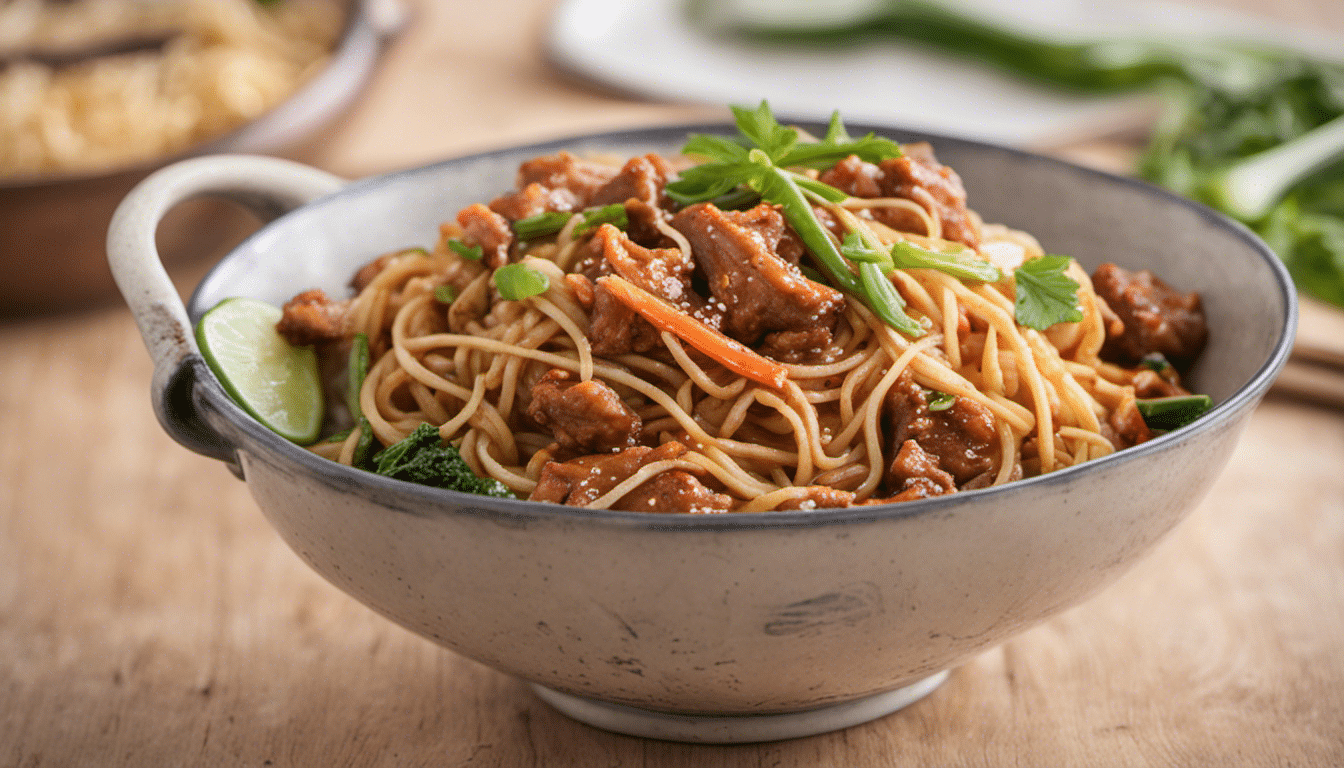 A delicious plate of Spicy and Sour Pork Stir-Fried Noodles