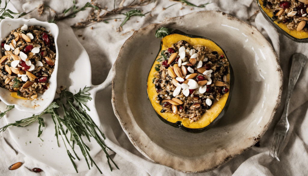 Stuffed Acorn Squash with Wild Rice, Cranberries, and Almonds