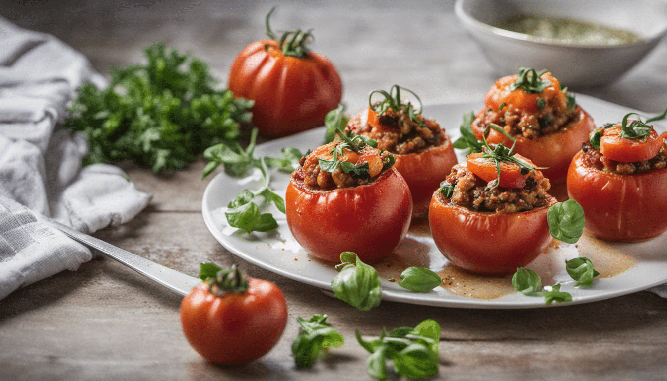 A plate of stuffed tomatoes, it looks delicious.