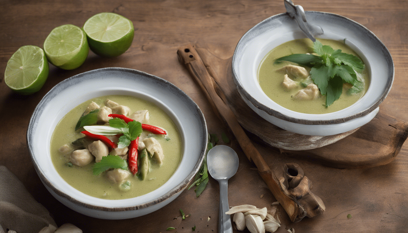 A hearty plate of Thai Green Curry with Kaffir Limes on a rustic table