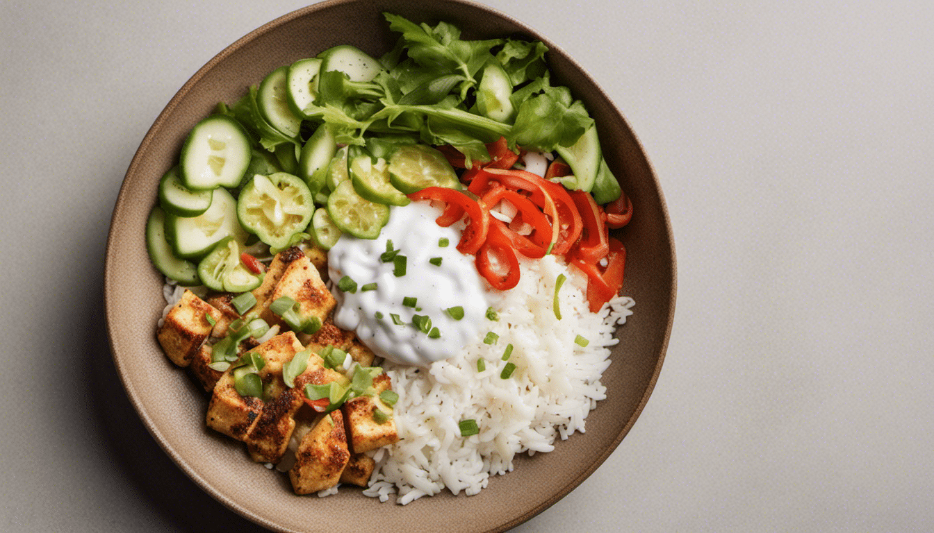 Tofu Coconut Rice Bowl with Raita, Pickle, and Salad
