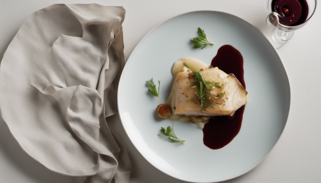 Turbot with Confit Shallots and Celeriac Puree, Red Wine Reduction and Veal Juice