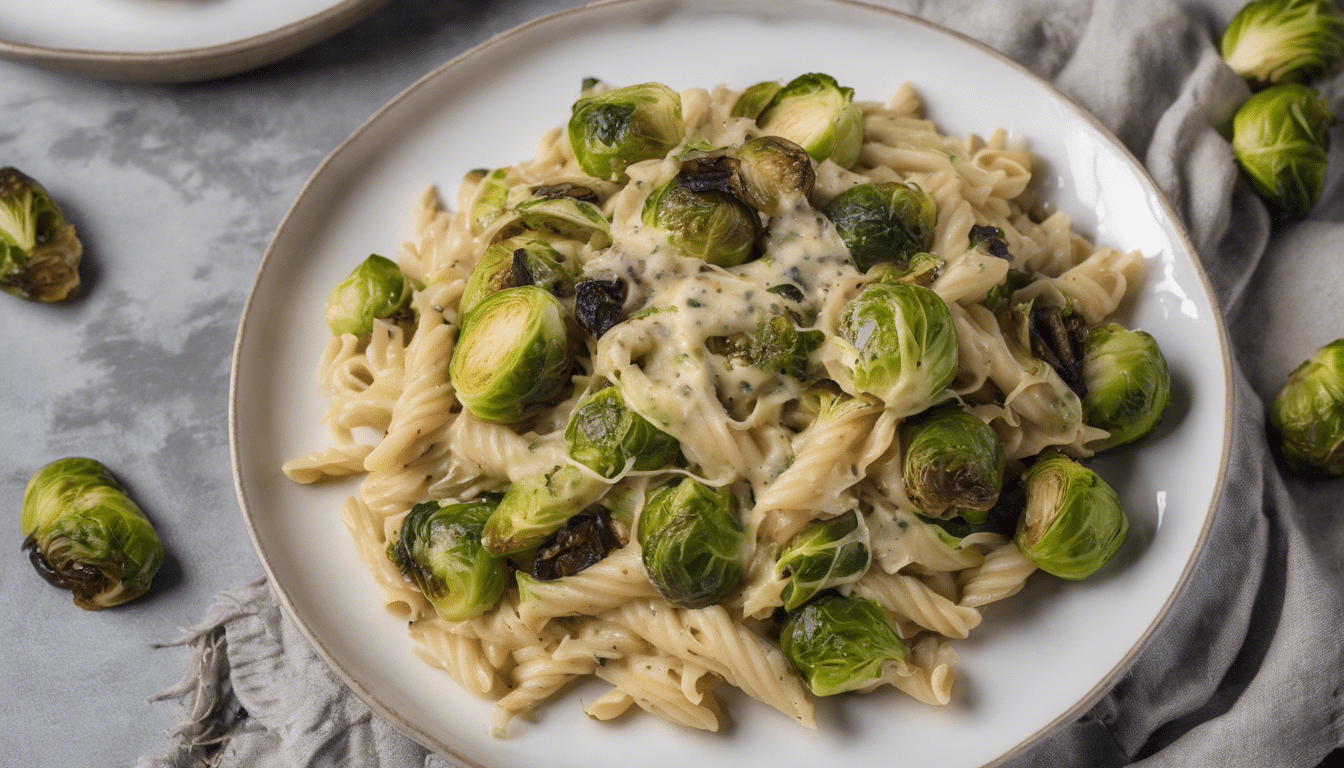 Vegan Alfredo Pasta with Roasted Brussels Sprouts