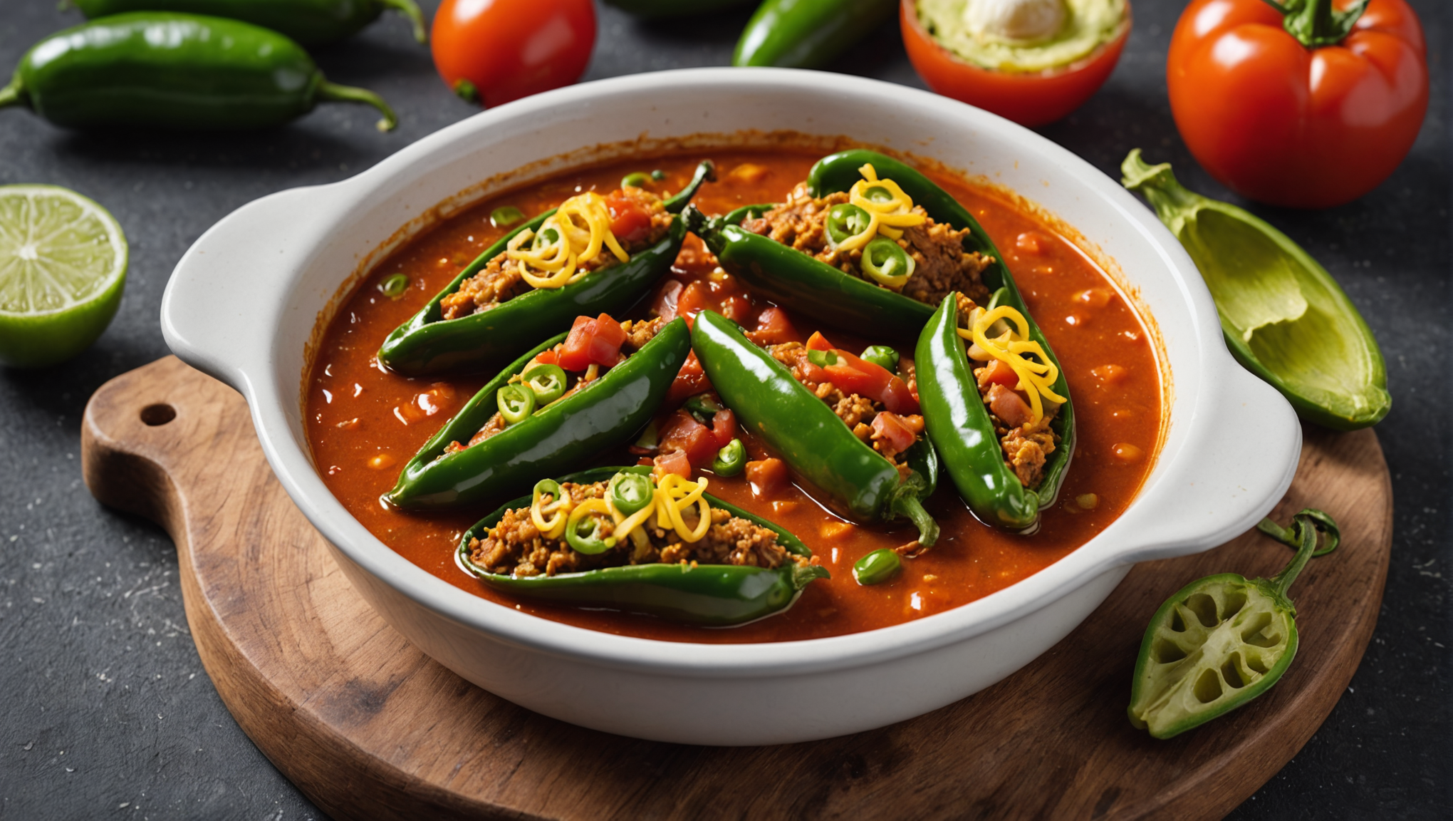 Vegan Chiles Jalapeños Rellenos de Sopa de Tortilla en Salsa de Tomate