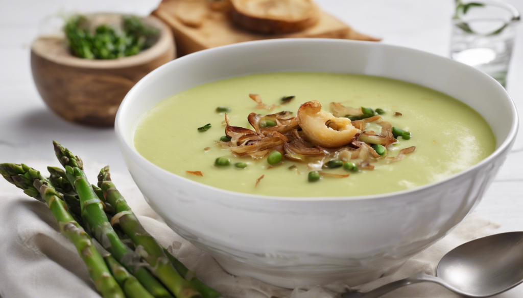 Vegan Creamy Asparagus Soup with Crispy Shallots