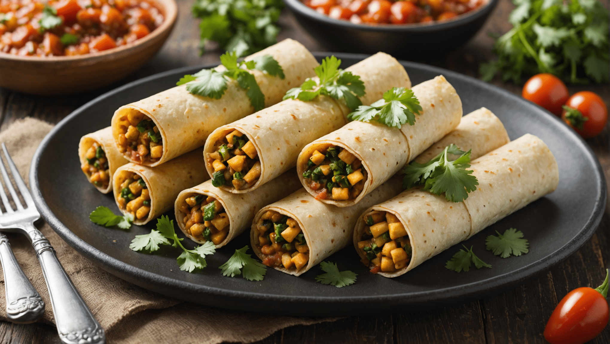 Vegan Flautas de Papa y Setas en Salsa de Cilantro y Chile Pasilla