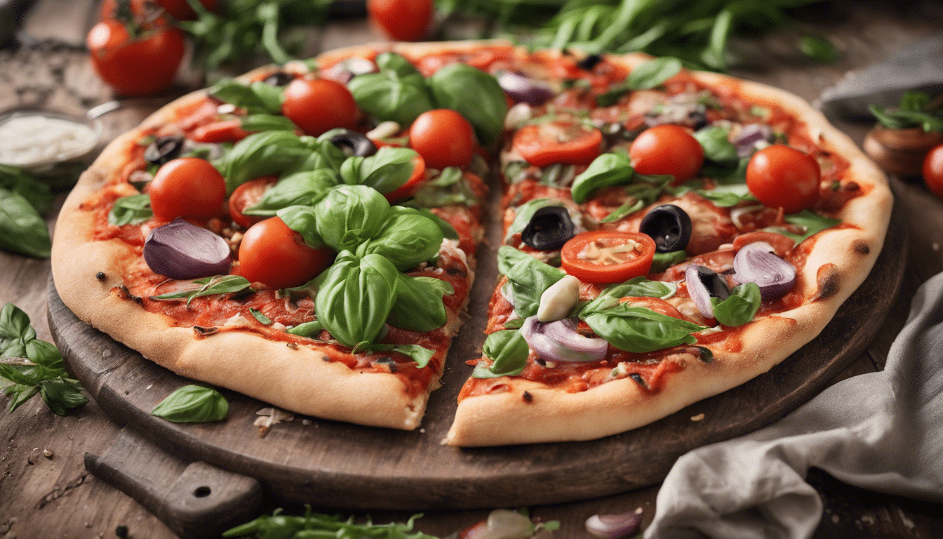 Delicious vegan pizza topped with colourful vegetables and vegan cheese