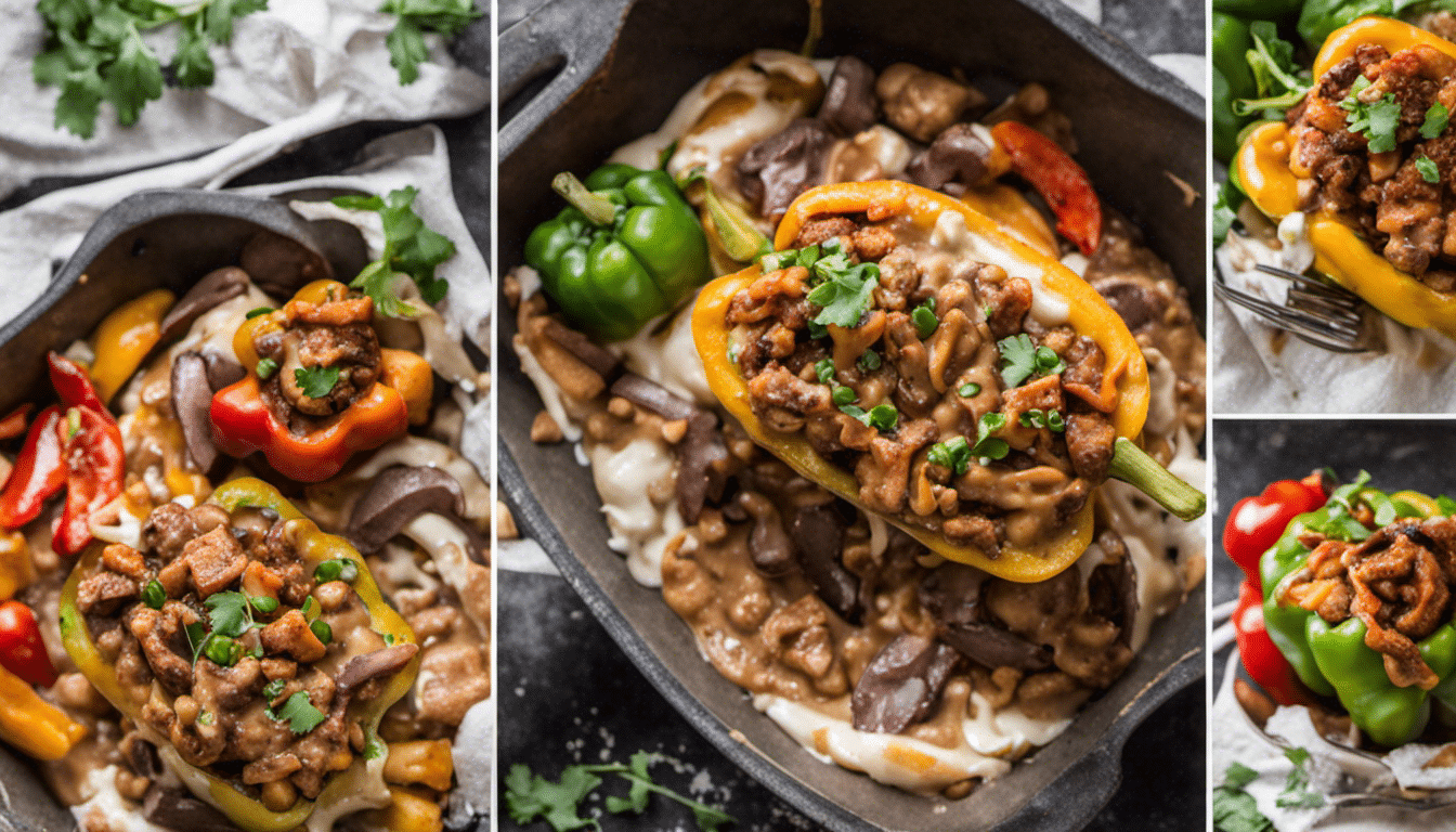 Vegan Poutine-Stuffed Bell Peppers with Mushroom Gravy, Cheese, and Tempeh Bacon