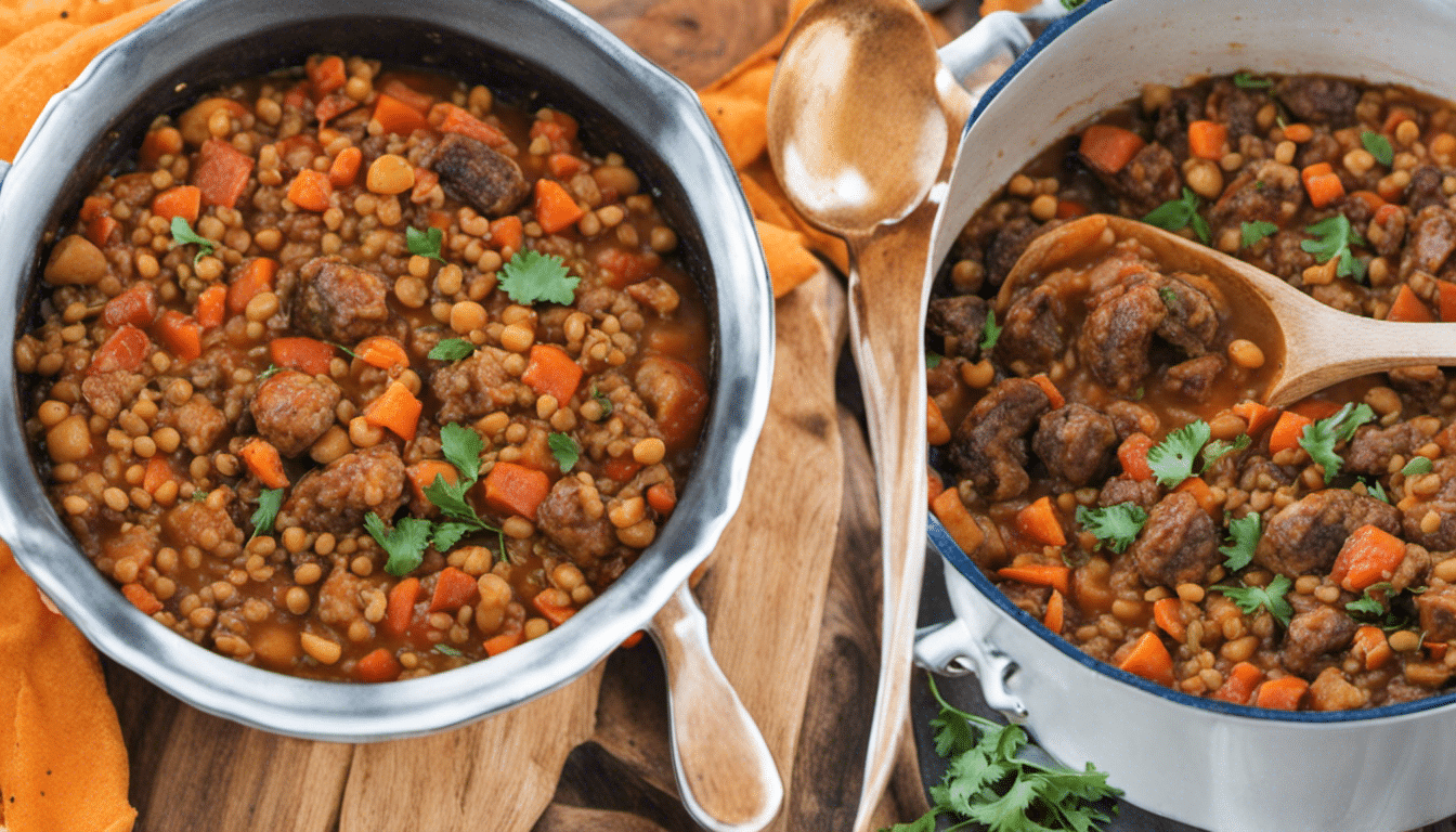 A bowl of Vegan Sausage and Lentil Stew, topped with chopped parsley